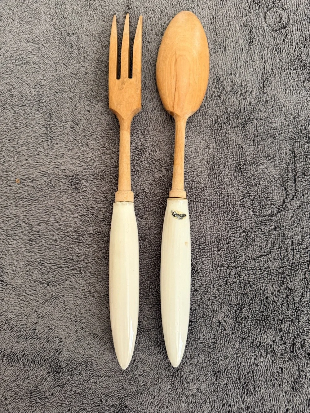 Wooden Serving Spoon and Fork Set with Cream Decorative Ceramic Handles